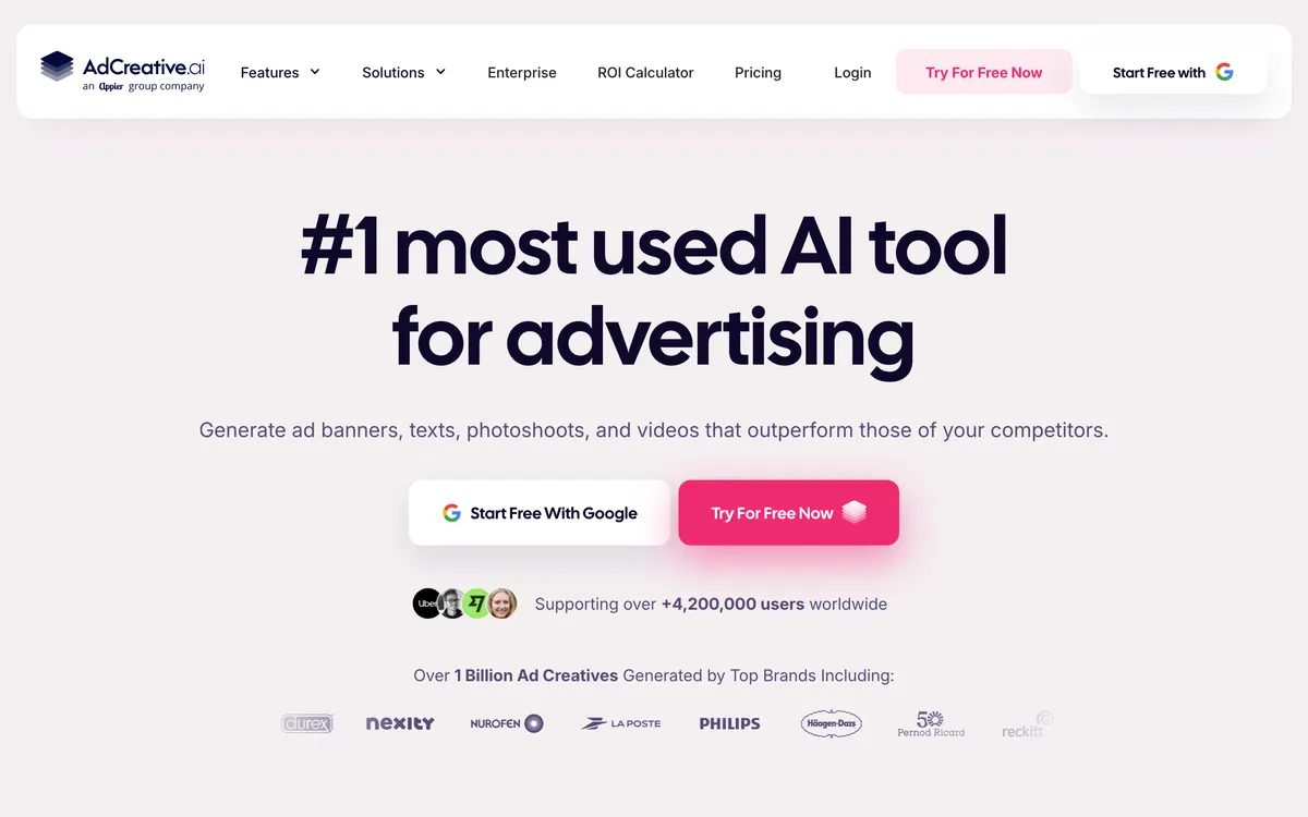 Screenshot of the AdCreative.ai homepage at adcreative.ai