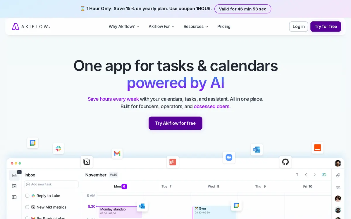 Screenshot of the Akiflow homepage at akiflow.com