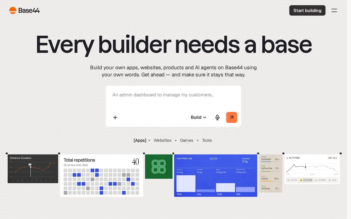 Screenshot of the Base44 homepage at base44.com