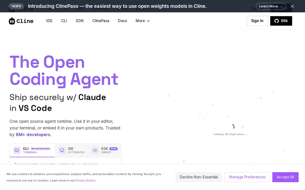 Screenshot of the Cline homepage at cline.bot