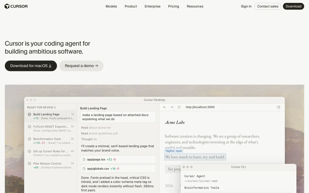 Screenshot of the Cursor homepage at cursor.com