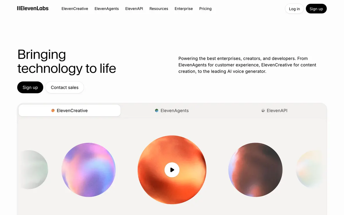 Screenshot of the ElevenLabs homepage at elevenlabs.io