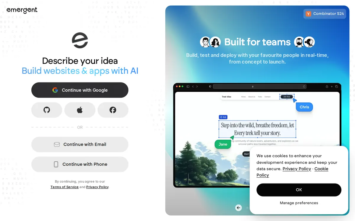 Screenshot of the Emergent homepage at app.emergent.sh