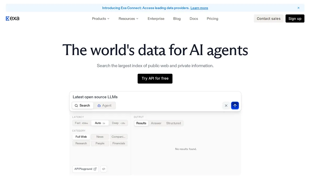 Screenshot of the Exa homepage at exa.ai