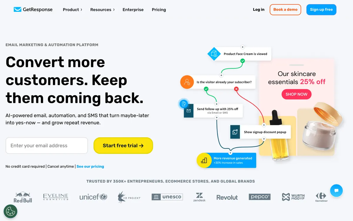Screenshot of the GetResponse homepage at getresponse.com