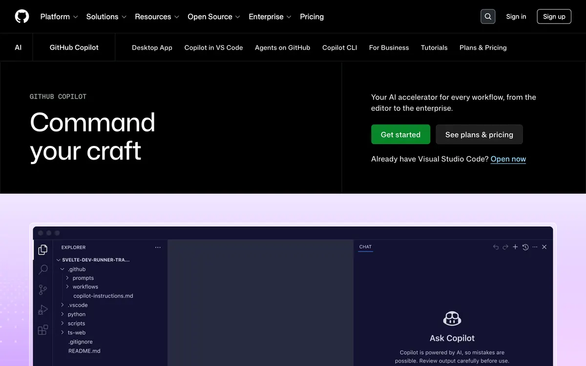 Screenshot of the GitHub Copilot homepage at github.com