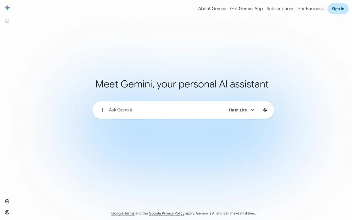 Screenshot of the Google Gemini homepage at gemini.google.com