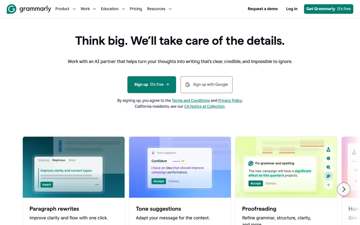 Screenshot of the Grammarly homepage at grammarly.com