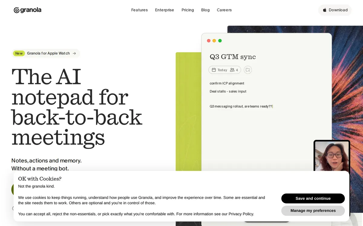 Screenshot of the Granola homepage at granola.ai