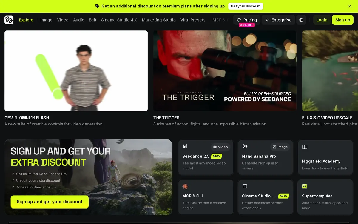 Screenshot of the Higgsfield homepage at higgsfield.ai