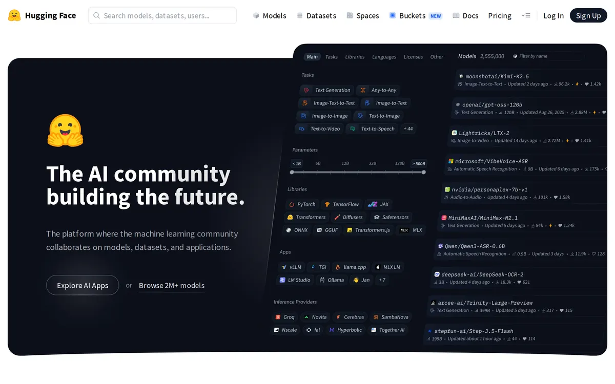 Screenshot of the huggingface homepage at huggingface.co