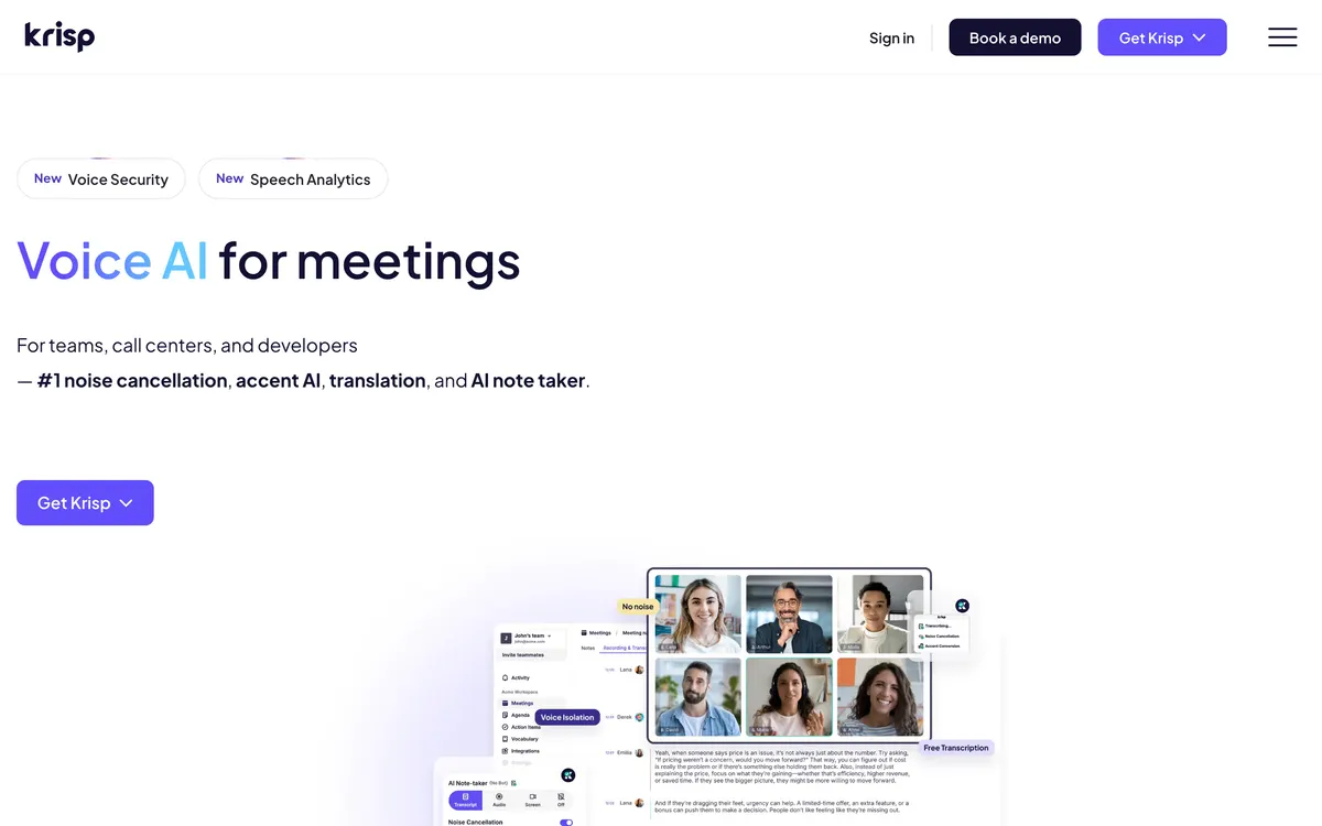 Screenshot of the Krisp homepage at krisp.ai