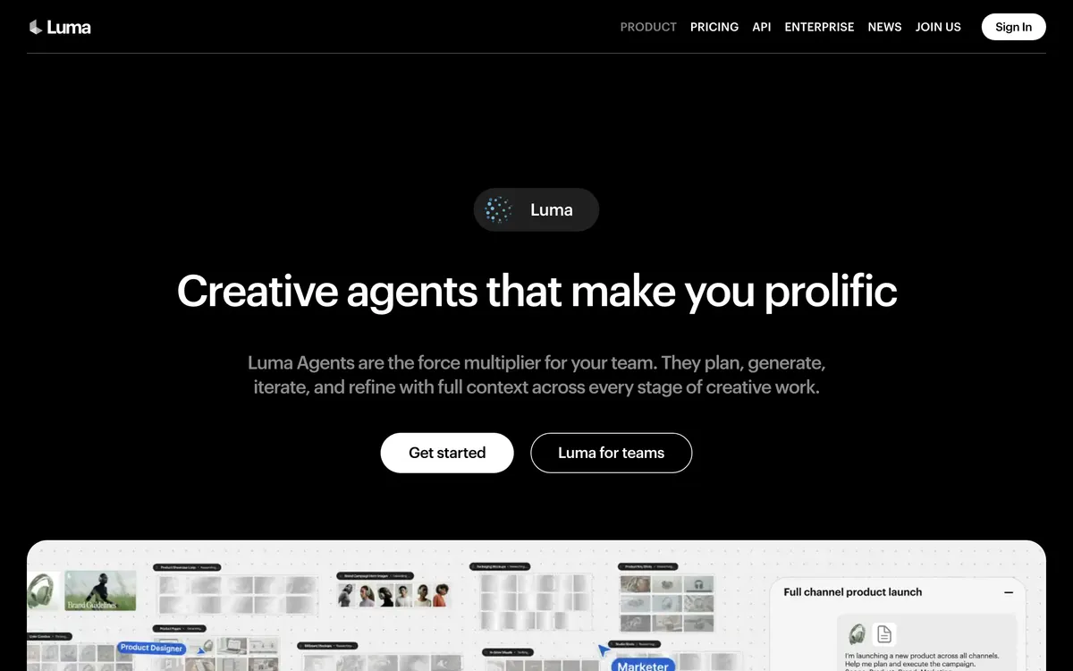 Screenshot of the Luma Dream Machine homepage at lumalabs.ai