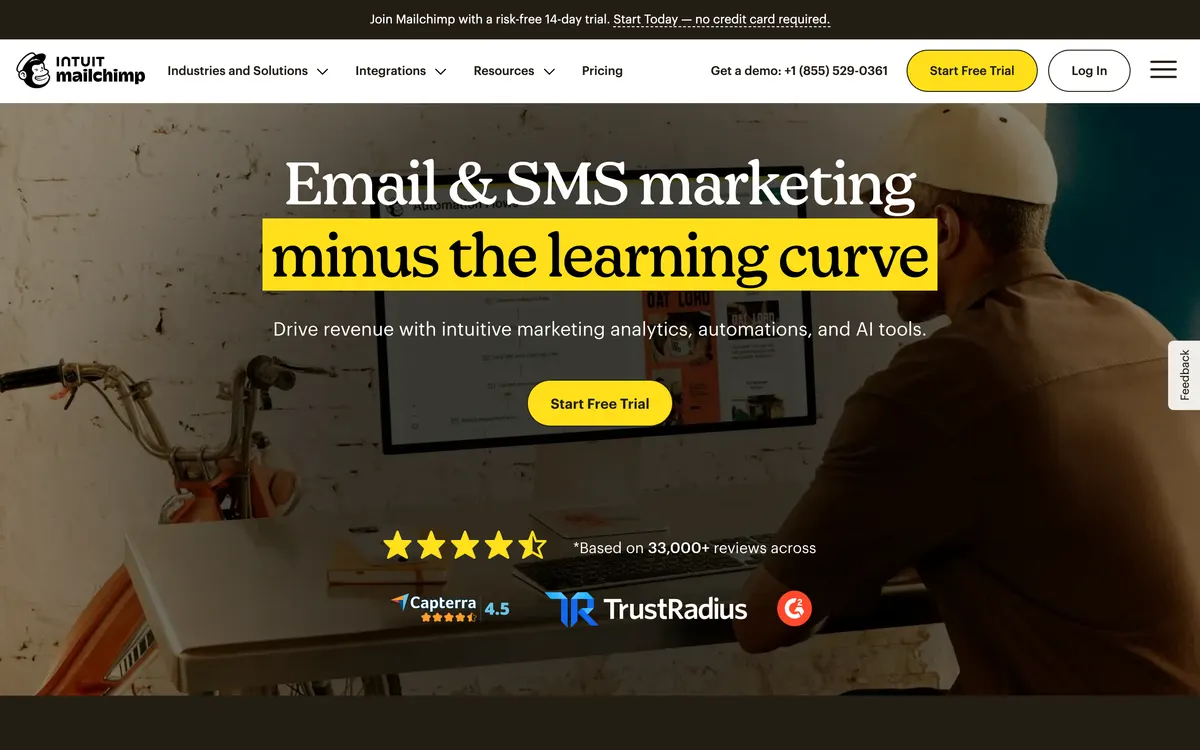 Screenshot of the Mailchimp homepage at mailchimp.com