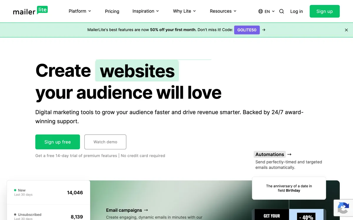 Screenshot of the MailerLite homepage at mailerlite.com