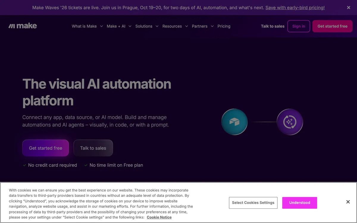 Screenshot of the Make homepage at make.com