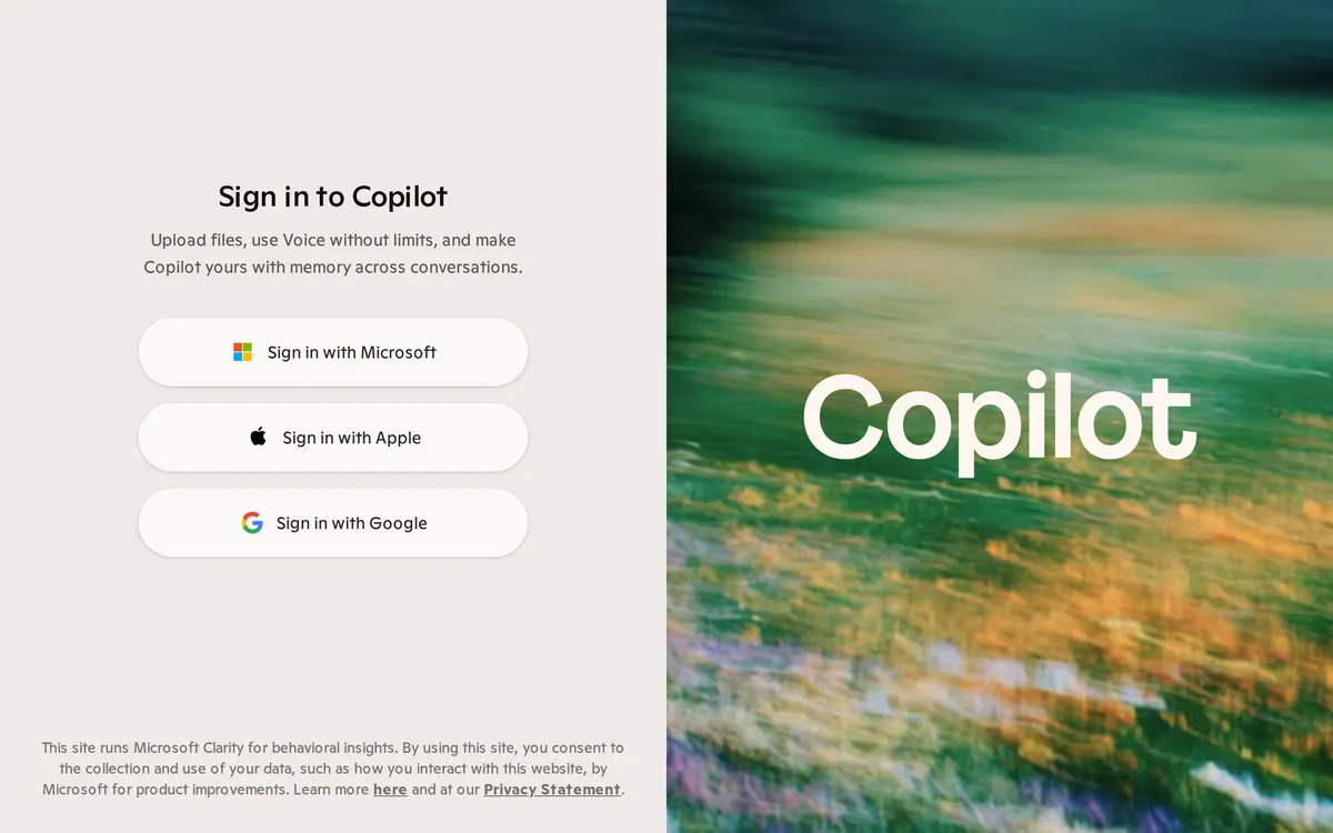 Screenshot of the Microsoft Copilot homepage at copilot.microsoft.com
