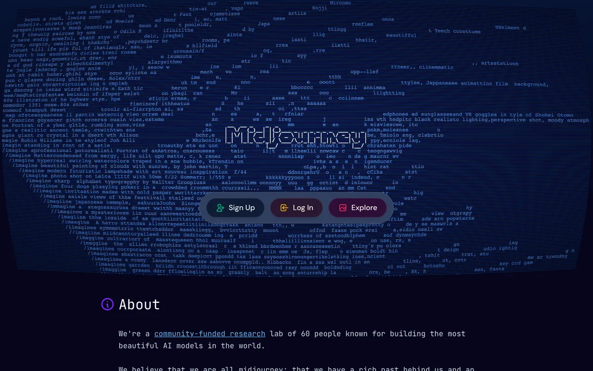 Screenshot of the Midjourney homepage at midjourney.com