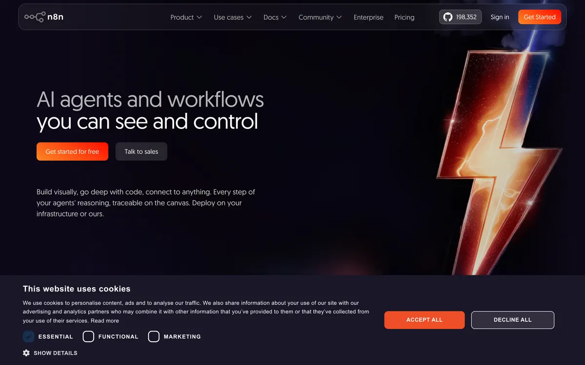 Screenshot of the n8n homepage at n8n.io