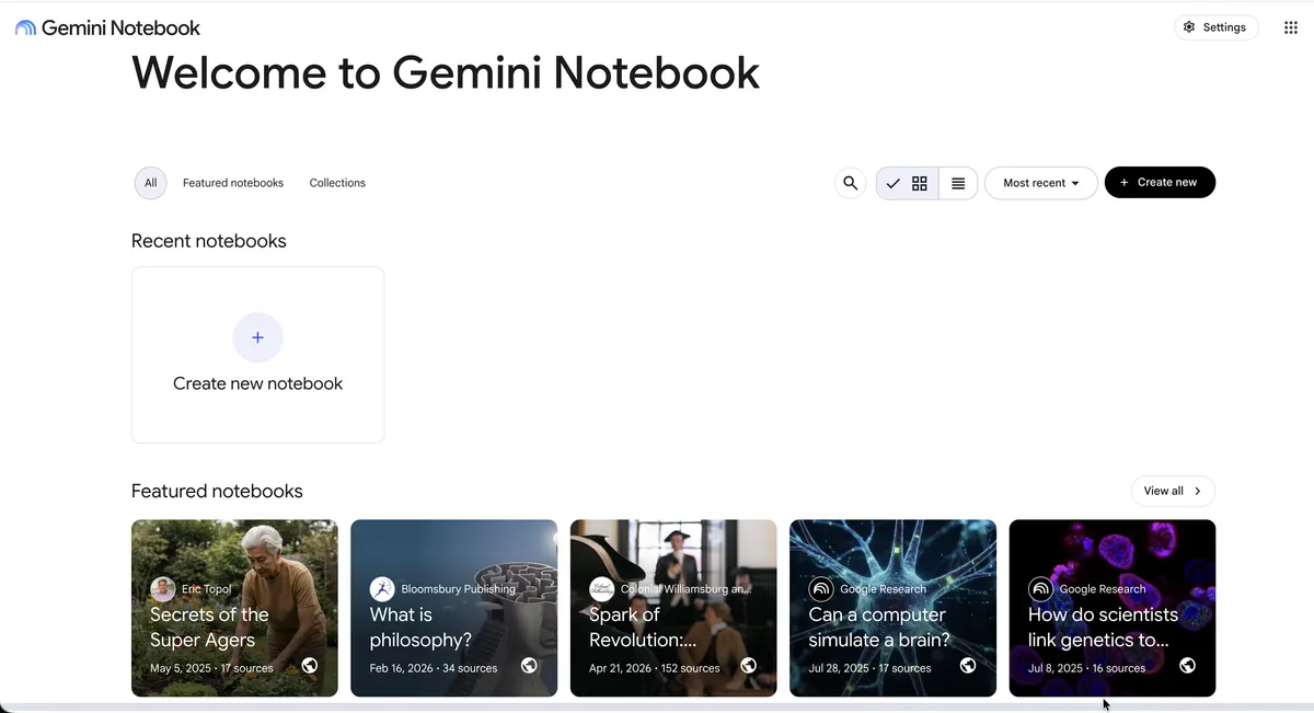 Screenshot of the NotebookLM homepage at notebooklm.google.com