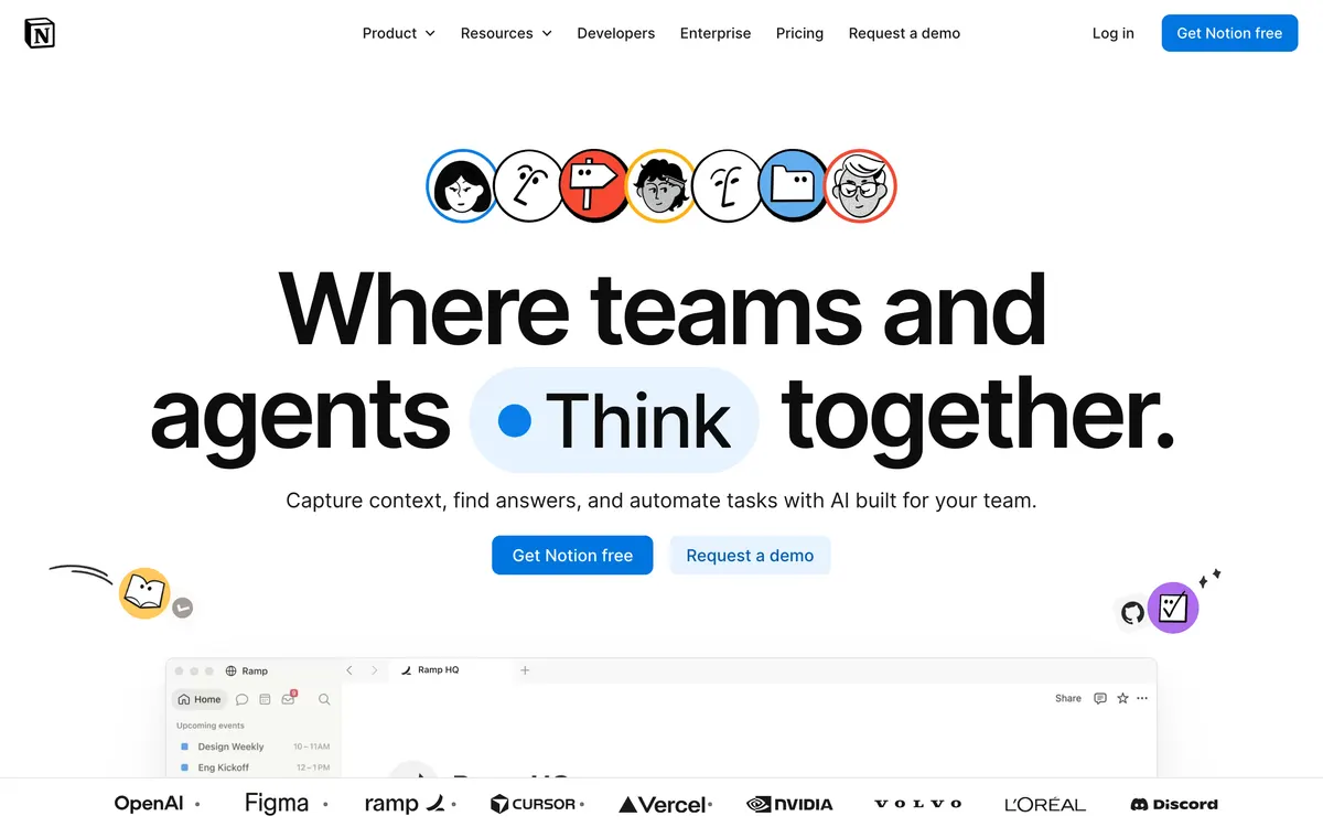 Screenshot of the Notion AI homepage at notion.com