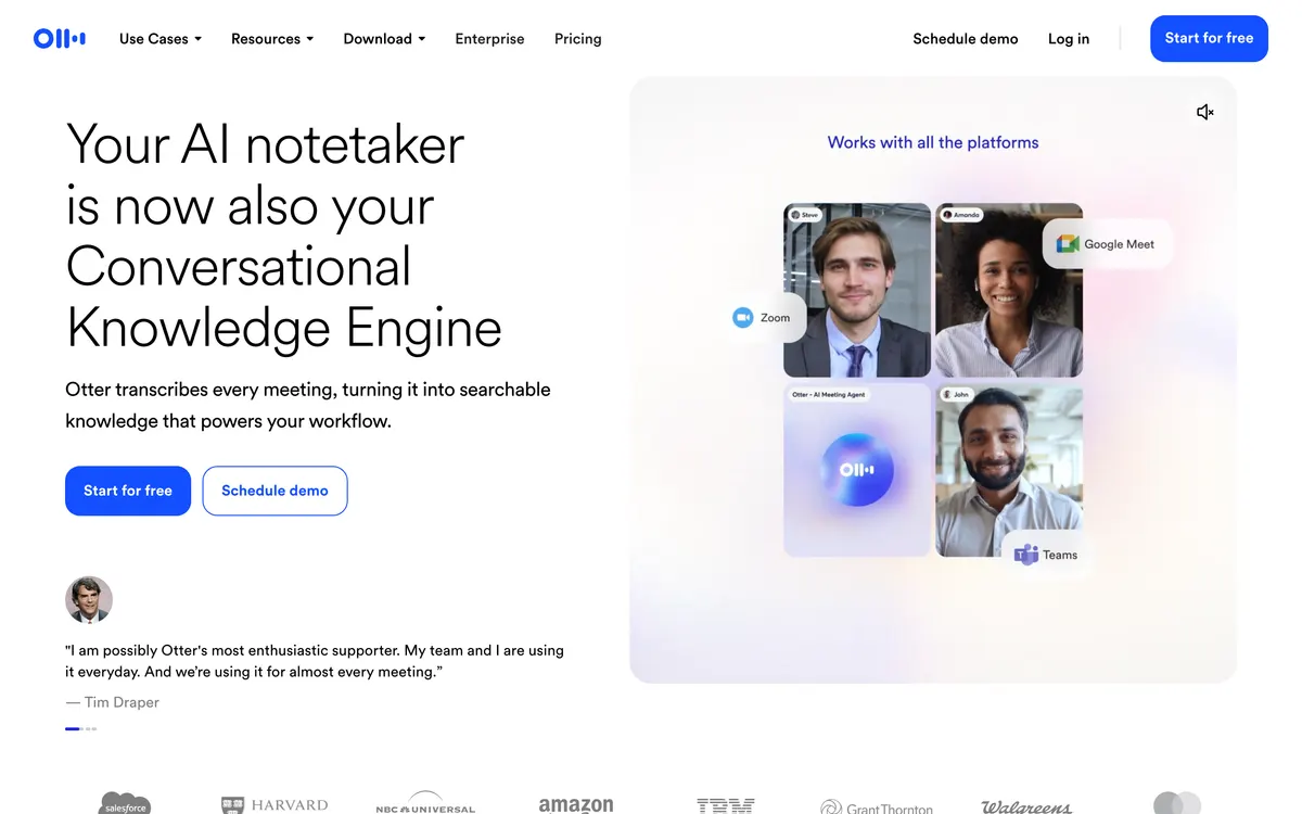 Screenshot of the Otter.ai homepage at otter.ai