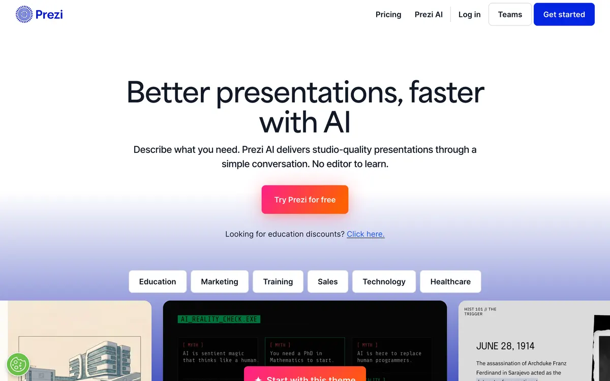 Screenshot of the Prezi homepage at prezi.com