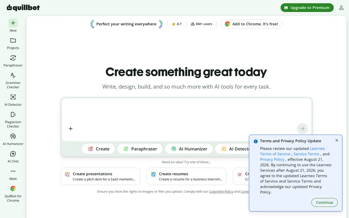 Screenshot of the QuillBot homepage at quillbot.com
