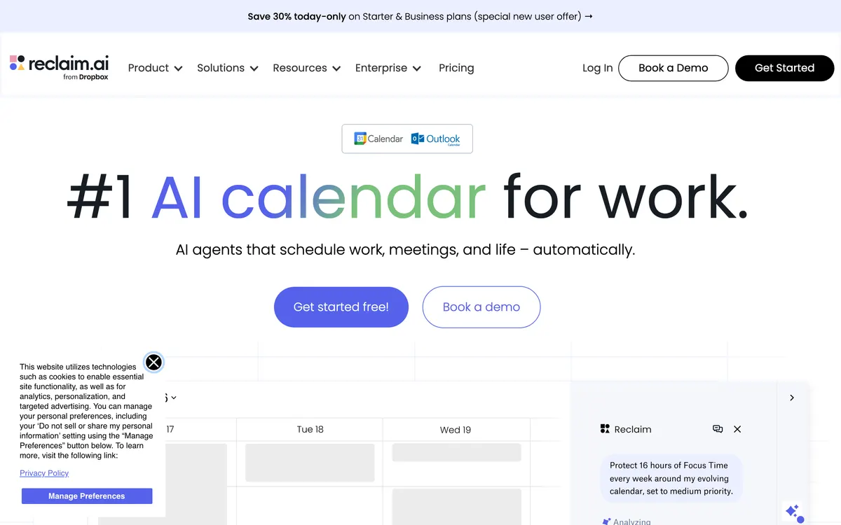 Screenshot of the Reclaim.ai homepage at reclaim.ai