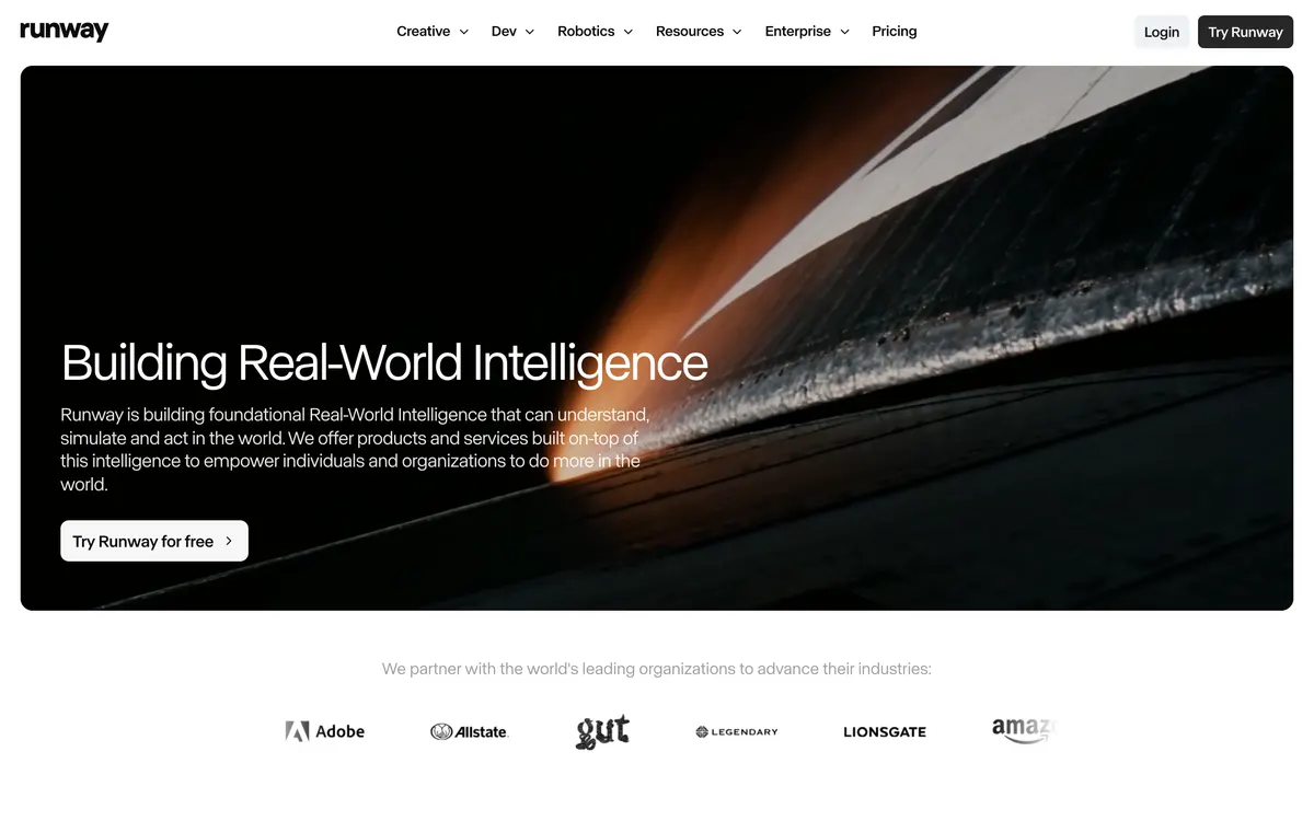 Screenshot of the Runway homepage at runwayml.com