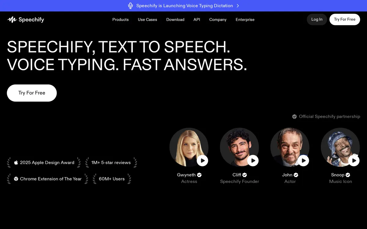 Screenshot of the Speechify homepage at speechify.com