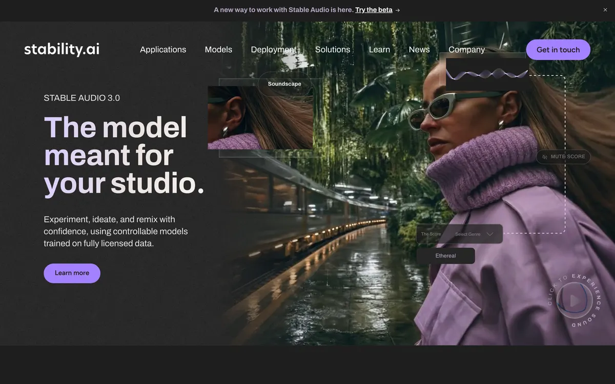 Screenshot of the Stability AI homepage at stability.ai