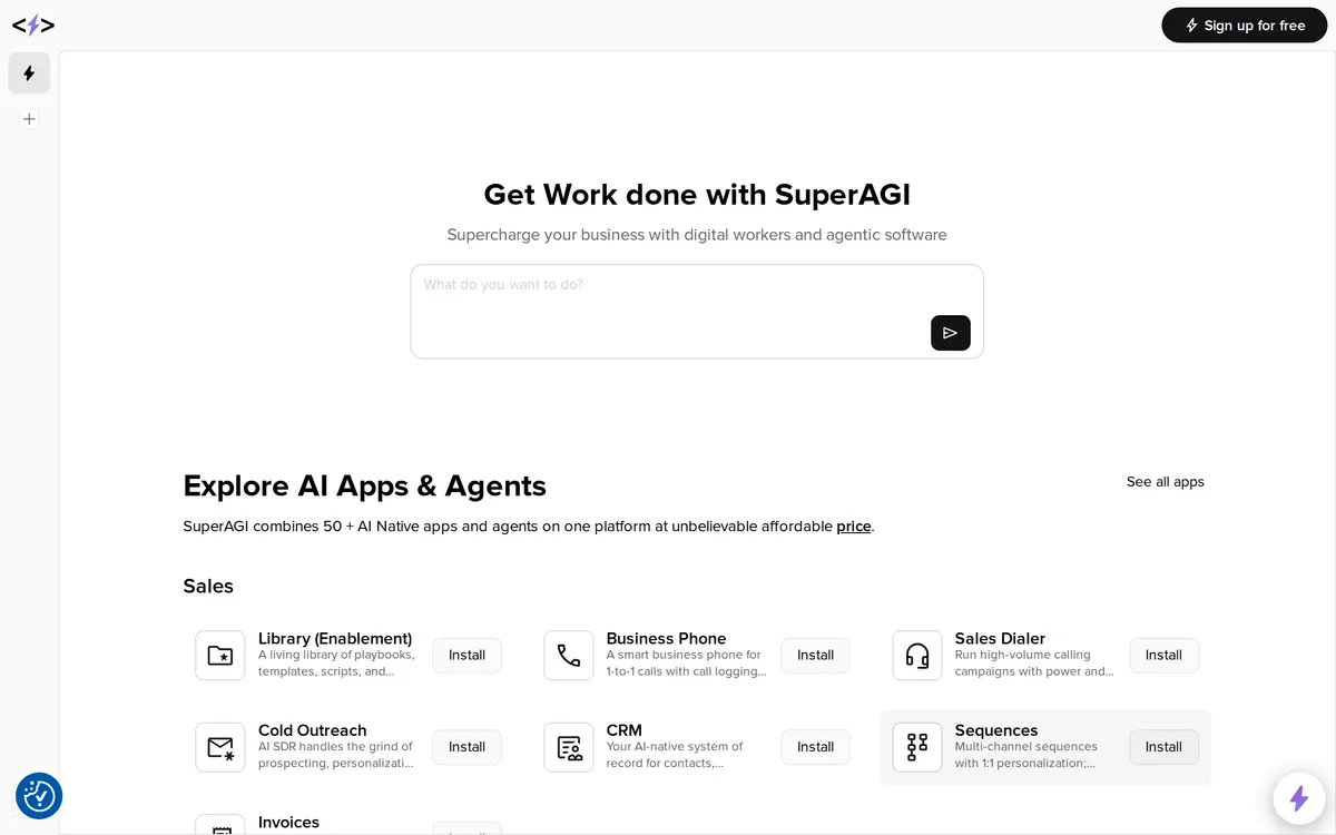 Screenshot of the SuperAGI homepage at superagi.com