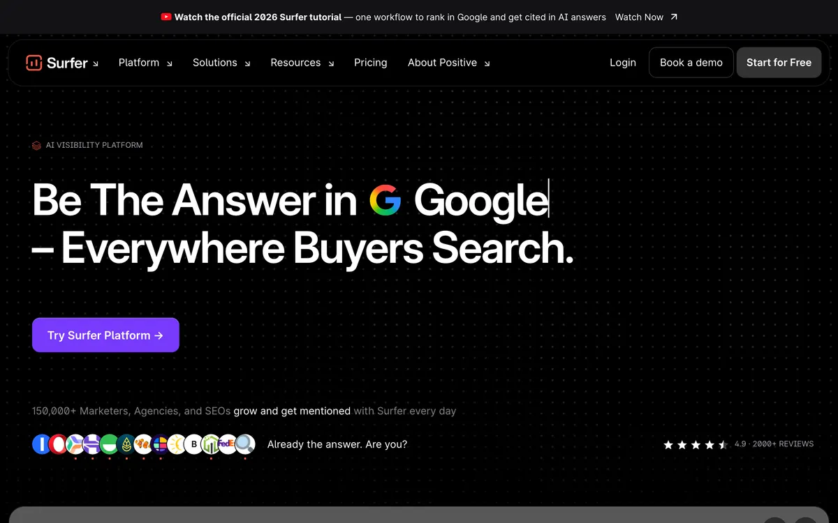 Screenshot of the Surfer homepage at surferseo.com