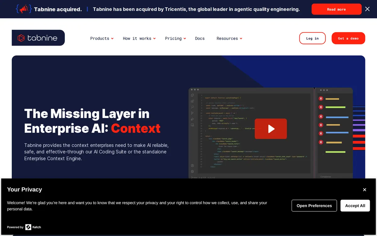 Screenshot of the Tabnine homepage at tabnine.com