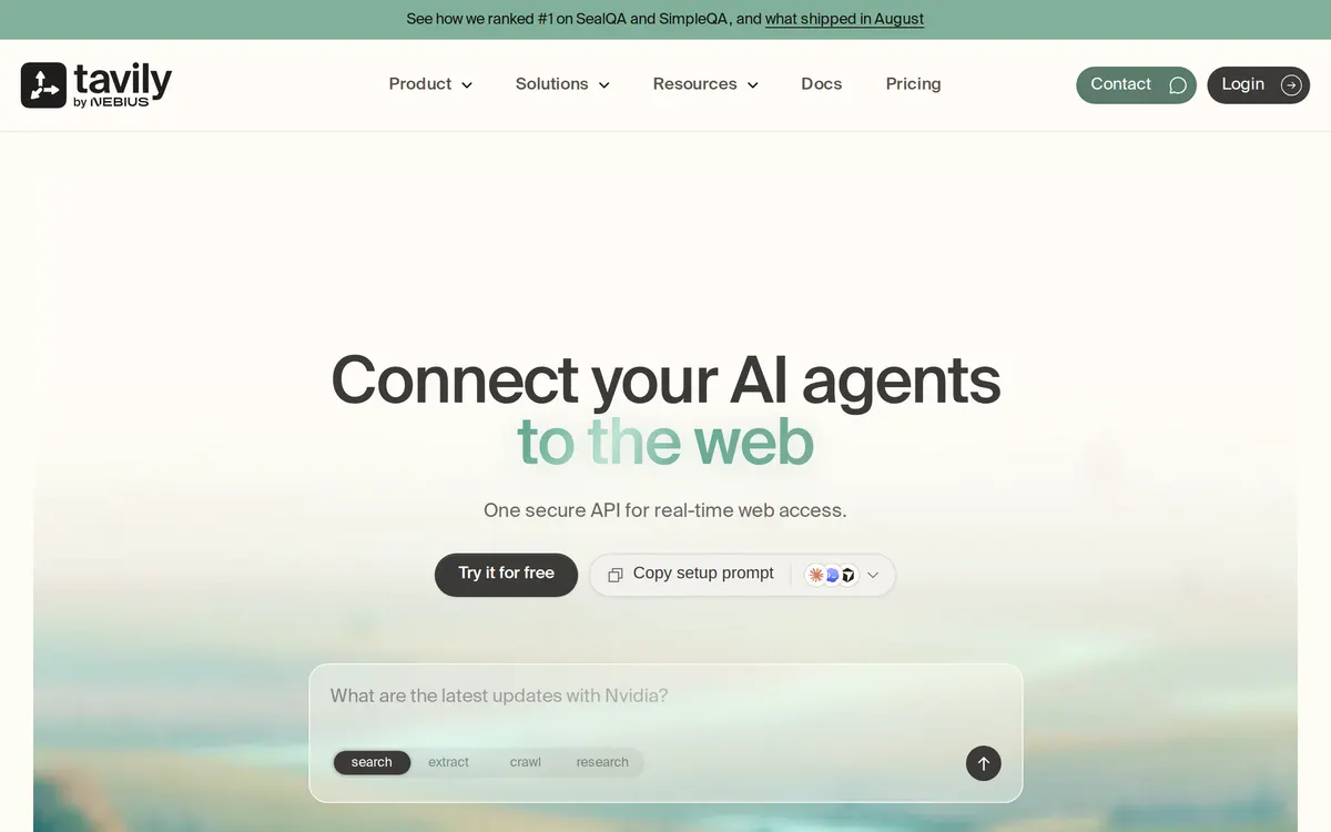 Screenshot of the Tavily homepage at tavily.com