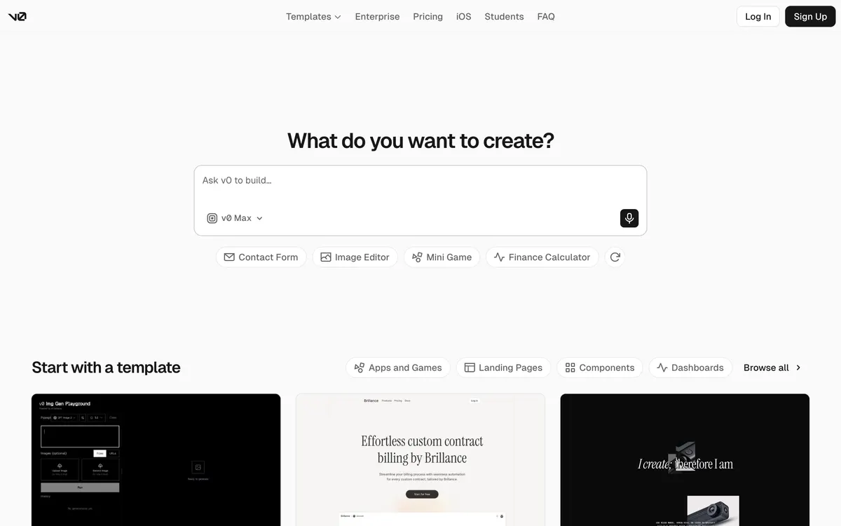 Screenshot of the v0 homepage at v0.app