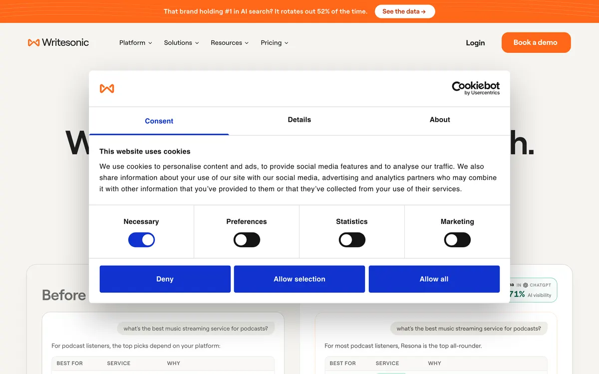 Screenshot of the Writesonic homepage at writesonic.com